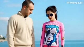 guy touches ai model’s beautiful pink swim shirt