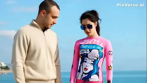 guy touches ai model’s beautiful pink swim shirt